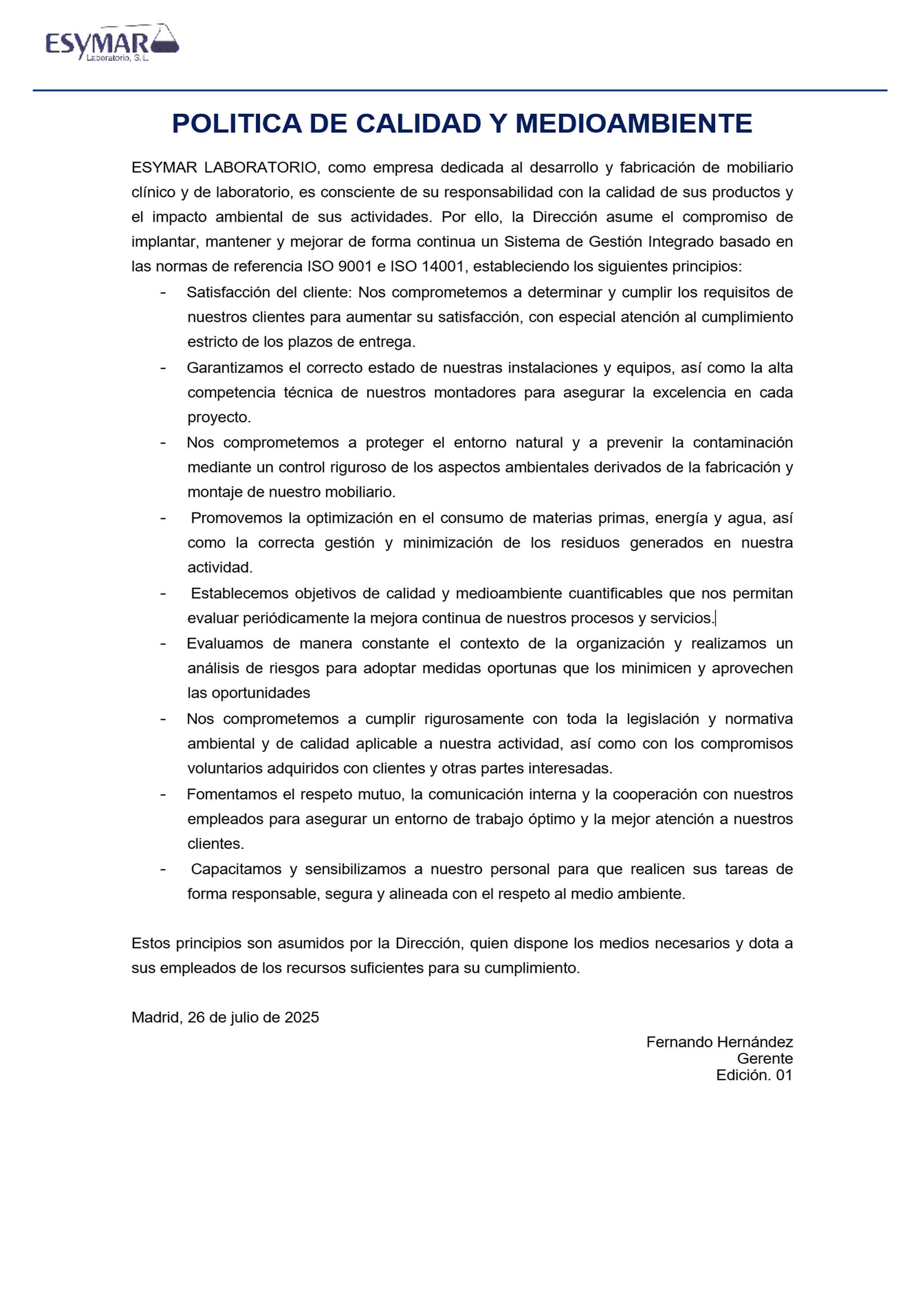 Esymar Política de Calidad y Medioambiente